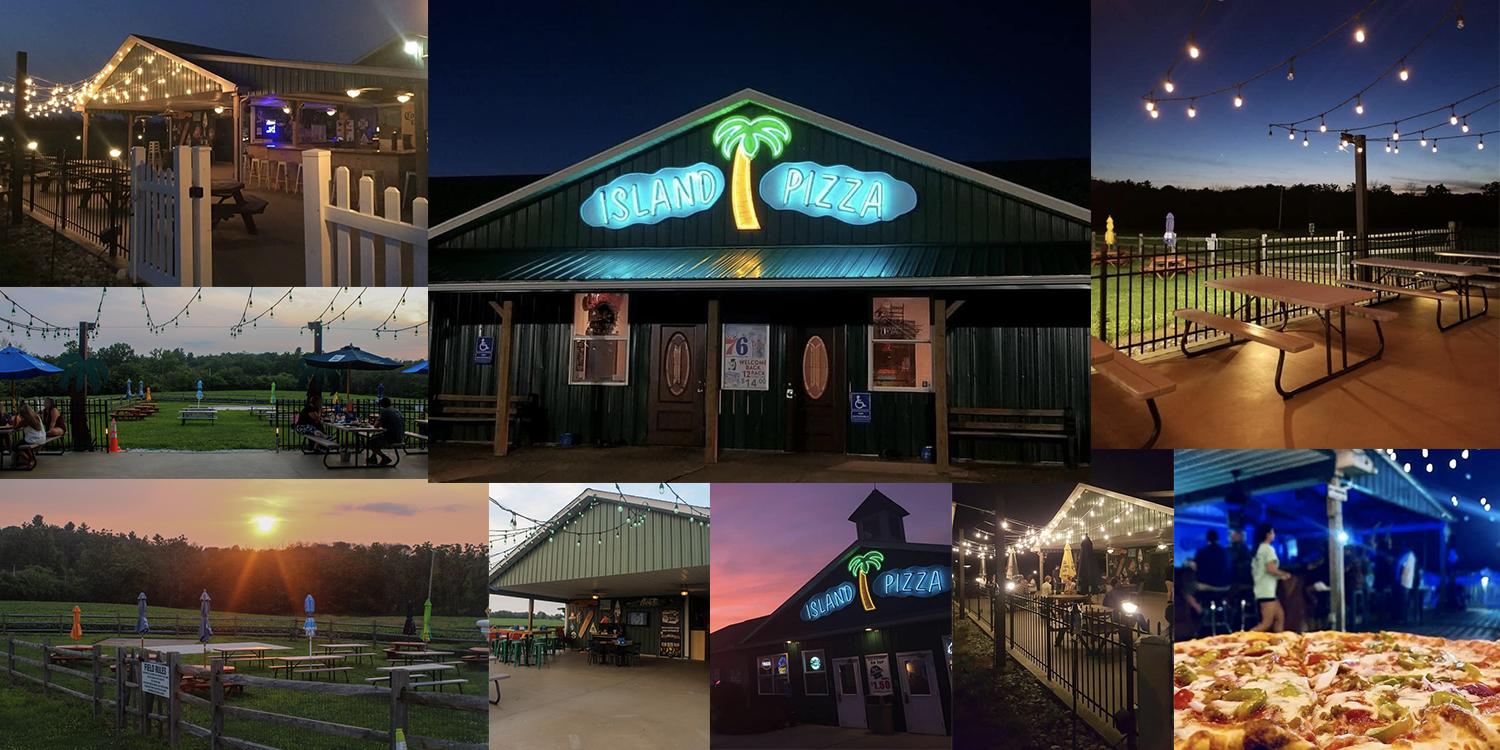 outdoor photo gallery of island pizzas ammenities including out door seating, a bar, and pizza