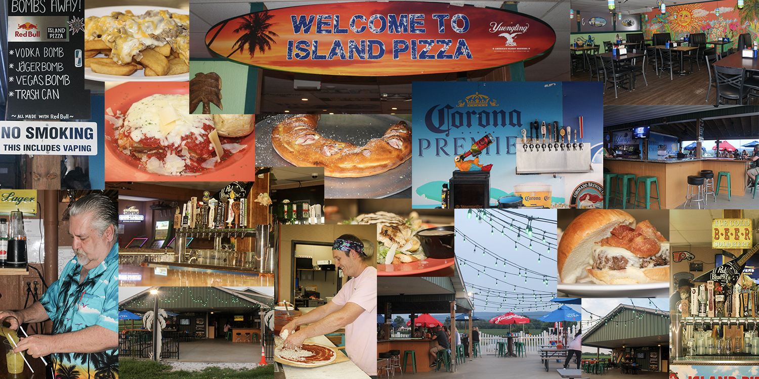 collage of photos at island pizza, including meals being made and dining areas
