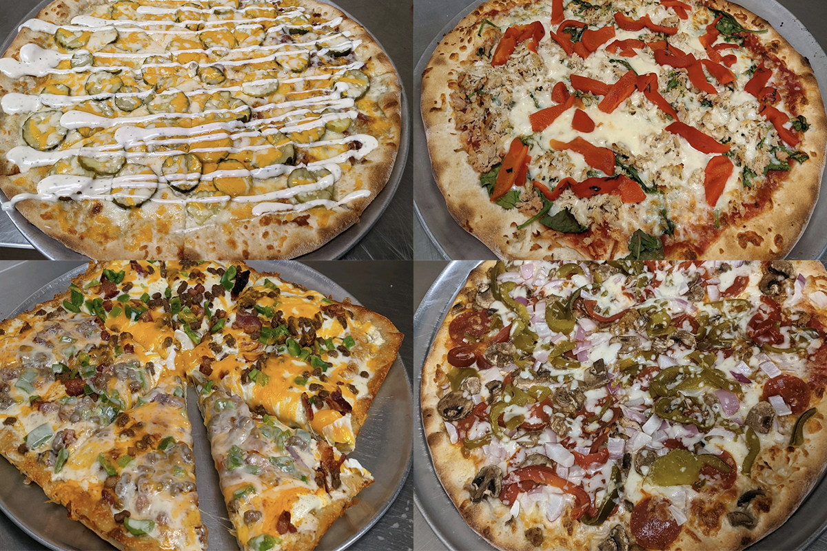 4 photo collage of various pizzas on silver trays
